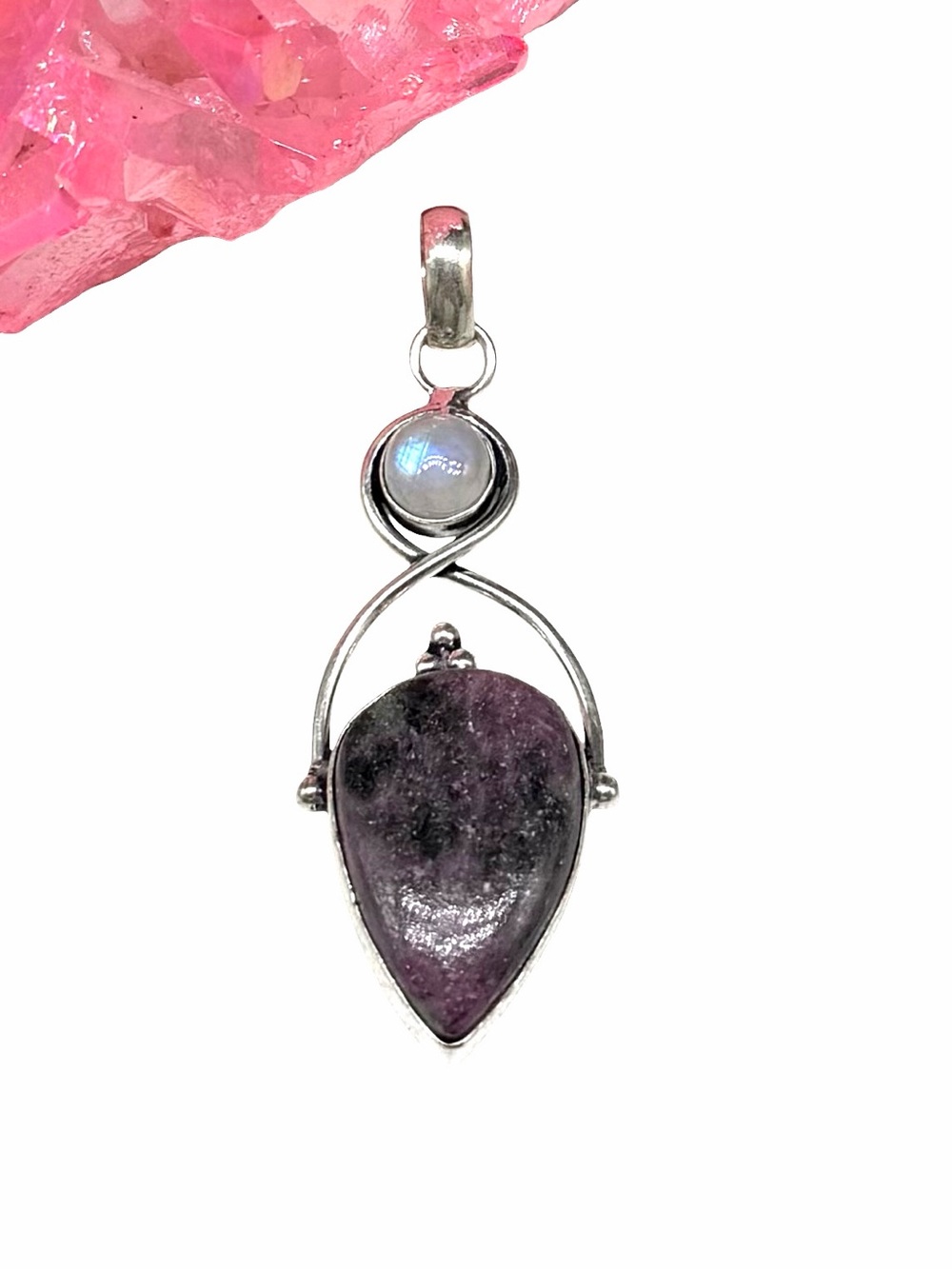 Ruby Zoisite & Rainbow Moonstone Necklace Pendant 925 Sterling Silver Overlay